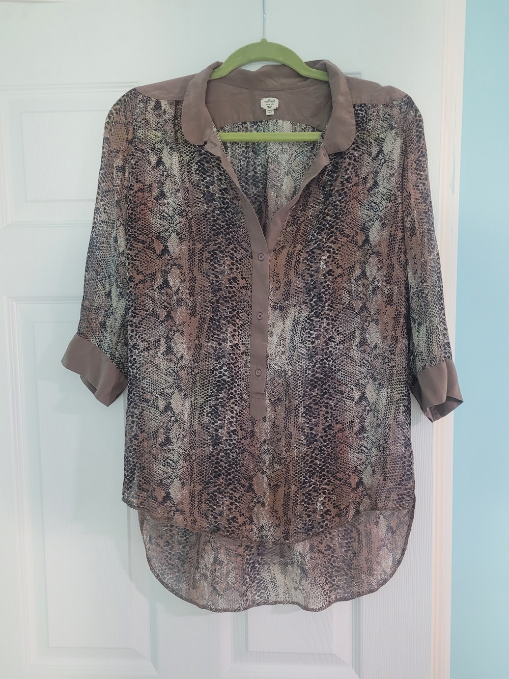 Wilfred Taupe Snake-Print Semi-Sheer Button Blouse